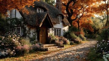 Charming thatched cottage surrounded by autumn foliage and blooming flowers on a cobblestone path photo