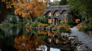 Charming cottage beside a peaceful pond surrounded by autumn foliage in the countryside at dusk photo