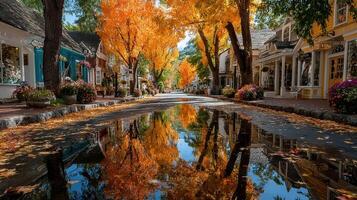 Colorful autumn leaves reflected in a serene, quiet street with charming shops in a picturesque town photo