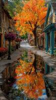 Colorful autumn street with reflections of trees and buildings in a quaint village during fall photo