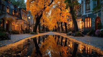 Autumn street lined with golden trees and reflections in calm water at dusk in a tranquil neighborhood photo