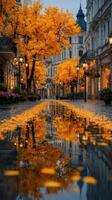 Beautiful autumn street lined with golden trees reflecting in puddles in a charming city at dusk photo