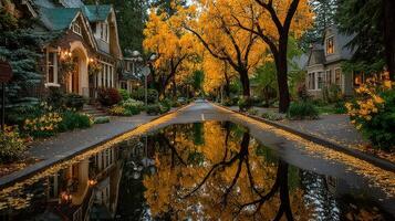 Autumn street view with golden leaves and reflections in a tranquil neighborhood photo
