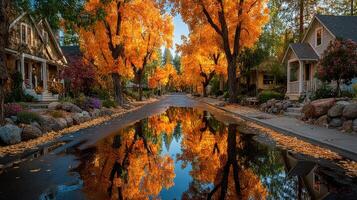 Vibrant autumn street lined with orange trees reflecting in a puddle at sunset photo