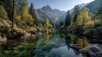 Majestic mountain landscape with clear water reflecting autumn foliage in a tranquil setting photo