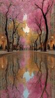 Blossoming trees reflect in tranquil water on a serene street during early spring in a city park photo