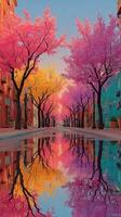 Vibrant spring street lined with blooming trees reflecting in water at sunset in a charming neighborhood photo