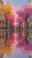Cherry blossom trees reflect beautifully in a calm puddle during sunset in a vibrant street filled with colorful autumn foliage photo