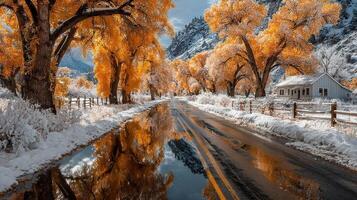 Vibrant autumn landscape with golden trees and a snow-covered road reflecting beauty in a serene natural setting photo