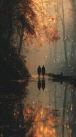 Couple walking by a serene river at sunset surrounded by autumn leaves in a peaceful forest setting photo