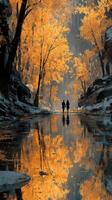 Autumn walk along a reflective river surrounded by vibrant orange and yellow trees at sunset photo