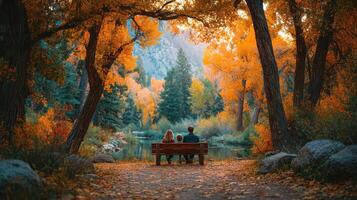 Couple enjoys a peaceful autumn moment by a serene lake surrounded by vibrant trees photo