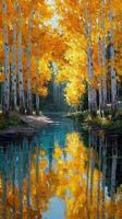 Vibrant autumn colors illuminate a forest landscape beside a tranquil river at midday in a peaceful natural setting photo