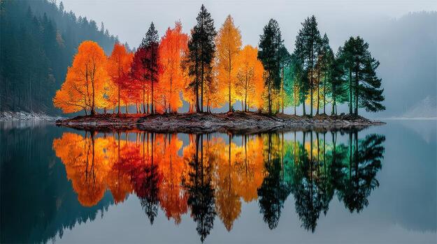 Scenic autumn landscape with vibrant trees reflecting on calm lake water at dawn in a serene woodland setting photo