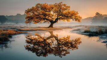 Stunning autumn landscape with a solitary tree reflected in calm water at sunrise photo