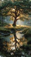 Majestic oak tree bathed in warm sunlight near a tranquil stream in a serene forest setting during early morning photo