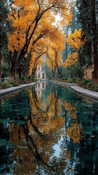 Serene autumn reflection in a historic garden by a tranquil waterway surrounded by vibrant trees photo