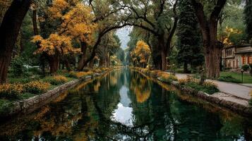 Quiet autumn afternoon beside a serene river lined with vibrant trees and reflections in tranquil water photo