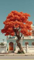 Vibrant orange tree stands proudly in front of a blue building with elegant architecture during a sunny day in autumn photo