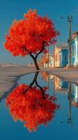 Vibrant orange tree reflects in puddle next to colorful houses on a clear autumn day photo