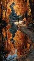 Stroll along a serene riverbank surrounded by vibrant autumn foliage in a tranquil landscape setting photo