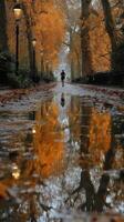 Walking through a serene autumn park with reflections in puddles after a rain shower at sunset photo