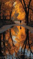 Autumn walk down a tree-lined path with vibrant reflections in water photo