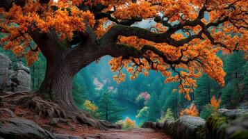 Vibrant autumn leaves adorn a majestic tree by a tranquil river in a lush forest setting photo