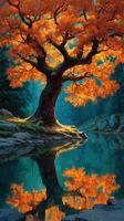 Vibrant autumn tree by a serene lake reflecting colorful foliage in tranquil woodland setting photo