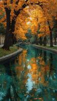 Autumn foliage reflecting in a serene waterway lined with trees in a peaceful urban park setting photo