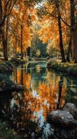 Autumn scenery with vibrant orange leaves reflecting on a calm river at a serene park photo