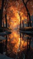 Beautiful autumn sunset over a serene river reflecting vibrant orange foliage at a park photo