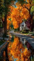 Autumn reflections along a serene neighborhood street with vibrant trees and colorful foliage photo