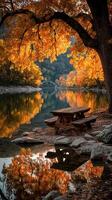 Autumn colors reflect in a calm lake with a picnic table by the shore in a tranquil nature setting photo