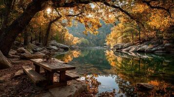 Autumn reflections by a serene lake surrounded by golden foliage at sunset photo