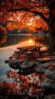Sunset reflections at a lakeside picnic spot surrounded by vibrant autumn foliage photo