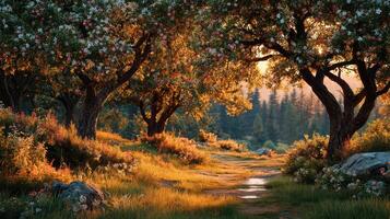 Beautiful sunset illuminating an apple orchard with blooming flowers and lush greenery in a serene landscape photo