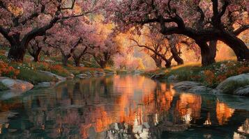 Cherry blossom trees reflect in tranquil waters during autumn sunset at a serene riverside location photo