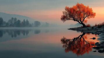 Stunning orange tree reflecting in calm water at dawn in a serene landscape with fog and mountains photo