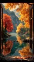 Vibrant autumn landscape viewed through open windows overlooking a tranquil river photo