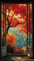 Vibrant autumn leaves viewed through open doors in a serene hillside setting photo
