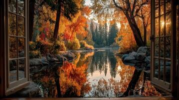 Beautiful autumn landscape seen through open windows with vibrant foliage reflecting on calm water photo