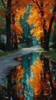 Vibrant autumn foliage reflects in tranquil pond along a serene park pathway during mid-afternoon hours photo
