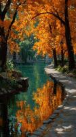 Autumn landscape with vibrant orange leaves and serene water reflection in peaceful park setting photo