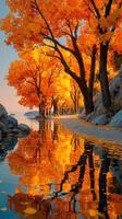 Vibrant autumn trees line a tranquil lakeshore reflecting golden hues at sunset photo