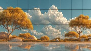 Golden trees reflecting on still water under a bright blue sky with fluffy clouds in a serene landscape photo