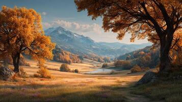 Vibrant autumn landscape with mountains, colorful foliage, and serene valley during golden hour photo