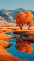 Autumn landscape with vibrant orange trees and tranquil water reflecting mountains at sunset photo