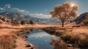 Golden landscape featuring a serene creek and tree at sunset in the mountains photo