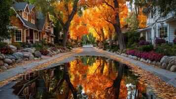 Vibrant autumn colors reflect in a peaceful suburban street lined with trees and flowers during sunset photo